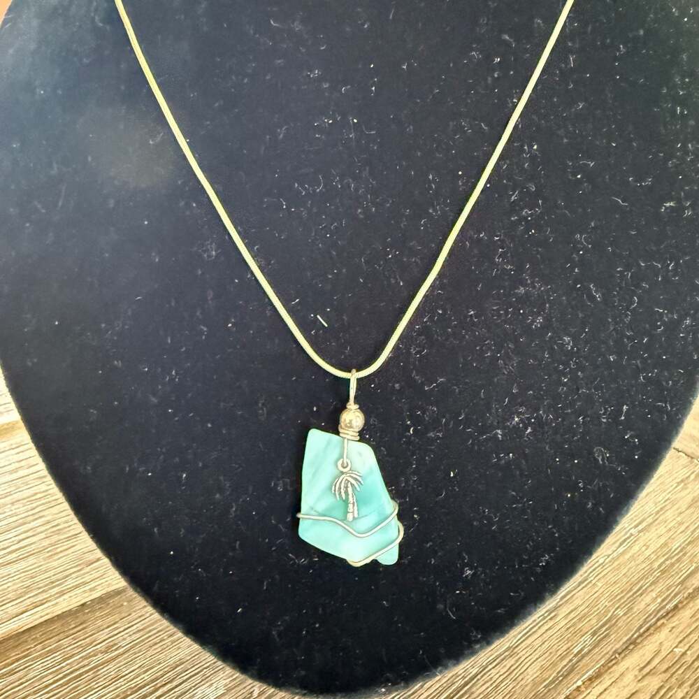 Wire Wrapped Sea Glass Pendant Necklace with Palm Tree Charm
